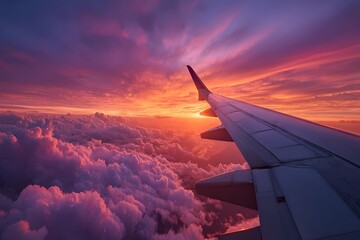 Fototapeta premium View from an airplane window looking out at a stunning purple and orange sunset with the silhouette of the aircraft wing over fluffy clouds.