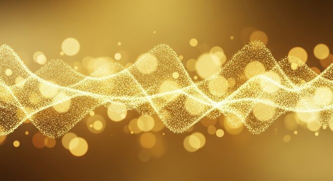 Golden wave of sparkling particles with bokeh lights creating a luxurious abstract background
