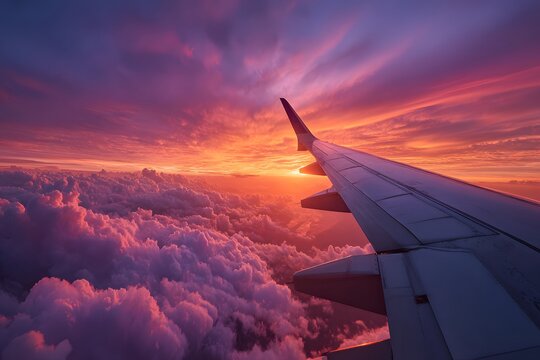 View from an airplane window looking out at a stunning purple and orange sunset with the silhouette of the aircraft wing over fluffy clouds. - Powered by Adobe