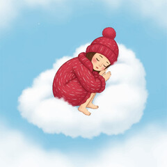 Sweet illustration of a young girl in a cozy red sweater dreaming peacefully while curled up on a fluffy white cloud
