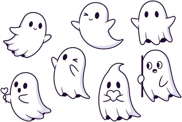 Cartoon ghosts, cute spirits, Halloween illustration, friendly phantoms, spooky characters, ghost expressions, playful design, white outlines, festive icons, emotion poses, fun artwork