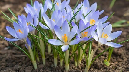 A cluster of light purple crocus flowers blooming in a garden with green leaves and brown soil ground