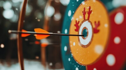 An arrow hits a vibrant target adorned with concentric circles and decorative elements, set against a blurred outdoor archery backdrop.