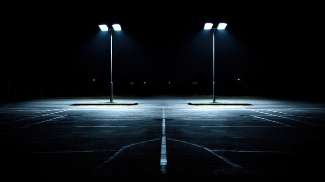 Fototapeta A dimly lit parking lot at night, illuminated by two streetlights, reveals empty spaces against a backdrop of faint distant lights.