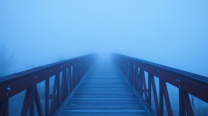 Fototapeta premium A wooden bridge disappears into thick blue fog, creating an atmosphere of tranquility and mystery.