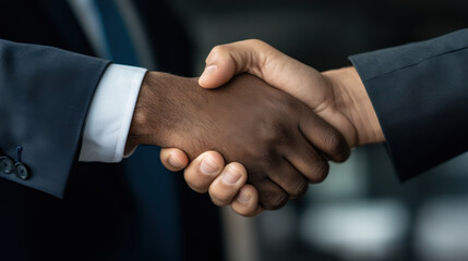 Obraz premium A lighter-skinned hand shakes a darker-skinned hand, both in formal attire, against a blurred background.