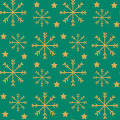 Festive Green Snowflake Pattern With Stars: Holiday Winter Design for Wrapping, Fabric, and Decor