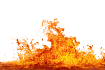 Bright orange and yellow flames licking upwards against a black background fire heat, Isolated On Transparent Background, Png Cut Out