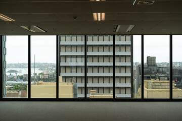 Modern empty office interior with large glass windows views