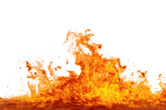 Bright orange and yellow flames licking upwards against a black background fire heat, Isolated On Transparent Background, Png Cut Out