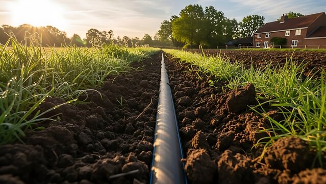 A drip irrigation system installed in a fertile agricultural field at sunrise, showcasing efficient water management for crop growth