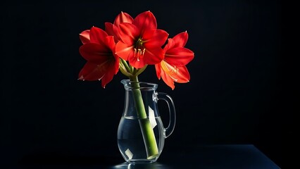 Red amaryllis flowers in a glass pitcher against a dark background creating a striking contrast