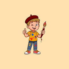 Illustration of a child who loves painting. The child is holding a brush filled with paint.