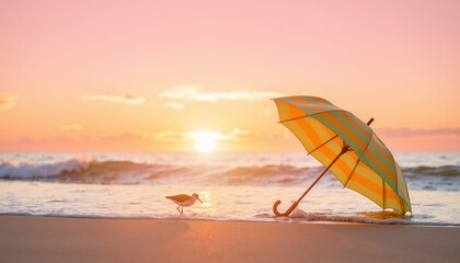 Umbrella on beach at sunset with seagull walking near water