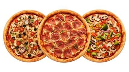 Three delicious gourmet pizzas piled high with fresh toppings