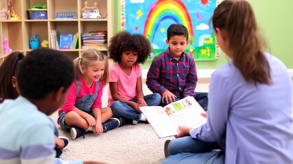 Teacher reading book to diverse group of preschool children in classroom setting, promotes - Powered by Adobe