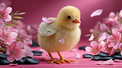 A cute, fluffy chick surrounded by pink blossoms, creating a charming and vibrant springtime atmosphere.