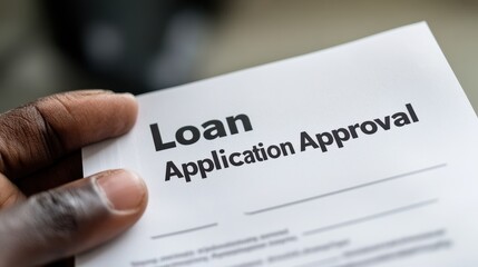 A hand holds a bold "Loan Application Approval" document.