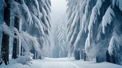 Winter wonderland with snow-covered trees and a serene path in a quiet forest