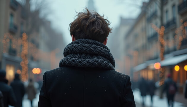 Young man walking in winter street decorated with lights