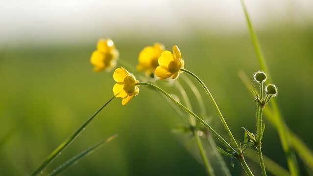 A close up view of yellow buttercup flowers in a field with a blurred green background and sunlight