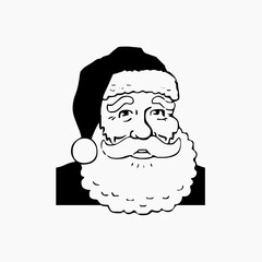 A black and white, hand-drawn-style illustration of a classic Santa Claus portrait, featuring his beard, mustache, and a traditional hat.