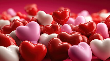 A vibrant collection of colorful hearts in red, pink, and white, representing love and affection in a festive setting.