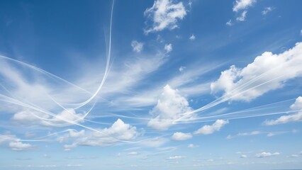 A bright blue sky filled with fluffy white clouds and prominent airplane contrails crisscrossing the sky