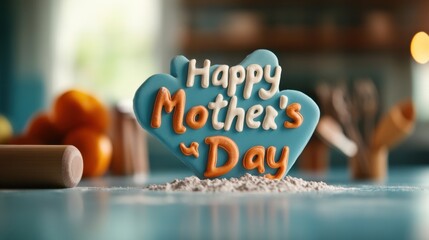 A decorative blue and orange cookie reading "Happy Mother's Day" rests on a flour-dusted surface, surrounded by kitchen items and fresh oranges.