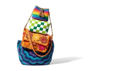 Stack of four colorful crocheted bags with various patterns, including rainbow stripes, checkerboard, flowers, and chevron waves, against a white background.
