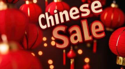 Red Chinese lanterns are set against a dark background, illuminated by glowing bokeh lights, with bold text promoting a "Chinese Sale.".