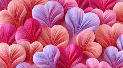 Colorful heart-shaped petals in pink and purple tones create a vibrant and romantic floral pattern.