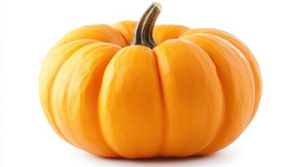 Obraz premium A vibrant orange pumpkin with a textured surface and curved stem sits against a white background.
