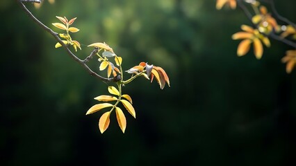 Illuminated leaves on a branch against a dark background showing spring growth and new beginnings