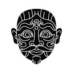 Obraz premium Traditional Asian theatrical mask icon in a bold black and white graphic style, representing a mythological character or deity