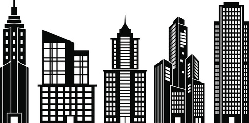Obraz premium Set of modern city skyscraper silhouettes, black and white icon collection representing urban architecture, corporate headquarters, and downtown metropolis vector