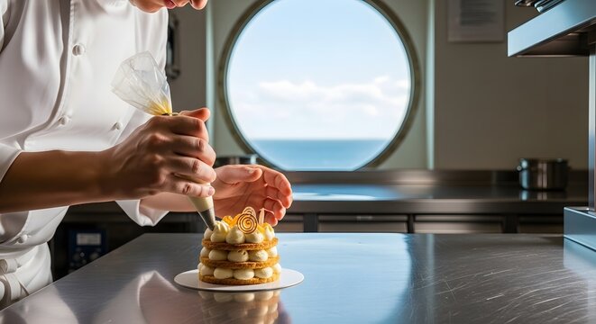 Chef meticulously garnishing a dessert with cream in a professional kitchen on a cruise ship, with an ocean view through a porthole. - Powered by Adobe