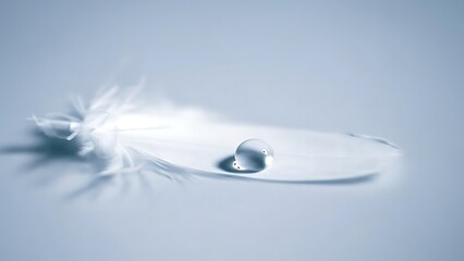 A delicate feather with a single water droplet resting on it against a soft blue background scene view