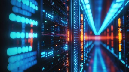 Network server room, High-tech data center with rows of server cabinets illuminated by vibrant LED lights, symbolizing the advanced technology behind cloud computing and big data.