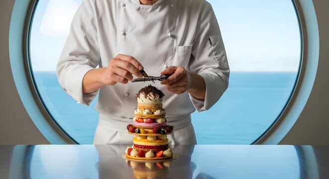 Chef meticulously garnishing a multi-layered dessert with fresh fruit and chocolate sauce, set against a porthole view of the ocean.