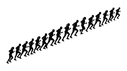 Group of running silhouettes in a diagonal line isolated on white background, Vector