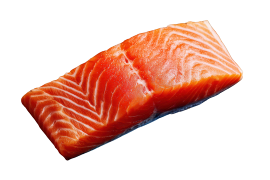 Raw salmon fillet with visible white fat lines on black background fish seafood, Isolated On Transparent Background, Png Cut Out - Powered by Adobe