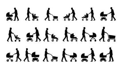 Silhouettes of adults with strollers and shopping carts isolated on white background, Vector