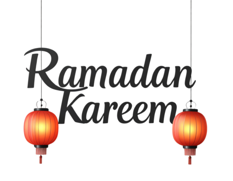 Modern Ramadan Kareem Typography with Floating Lanterns, Minimalist PNG