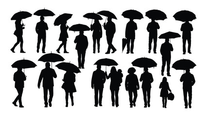 People with umbrellas silhouettes isolated on white background, Vector