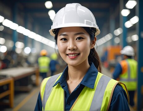 Smiling female engineer in a factory, wearing safety gear and hard hat