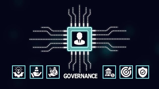 Digital governance management system vector illustration with technology circuit interface and leadership icon for business compliance, financial strategy and modern corporate control.