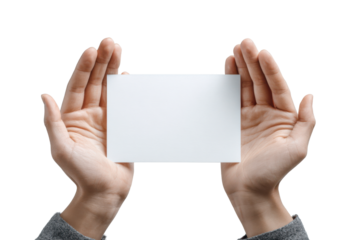 Two hands holding a blank white rectangular card against a black background image, Isolated On Transparent Background, Png Cut Out