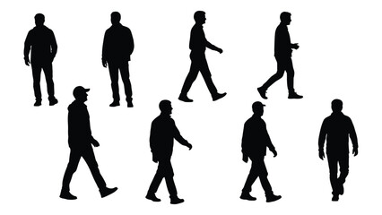 Set of various male walking silhouettes isolated on white background, Vector