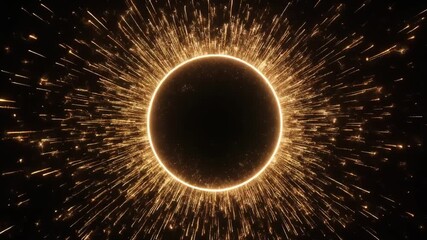 An abstract visualization of a powerful cosmic event, a dark celestial body with a glowing golden corona and an explosive burst of sparks - Powered by Adobe